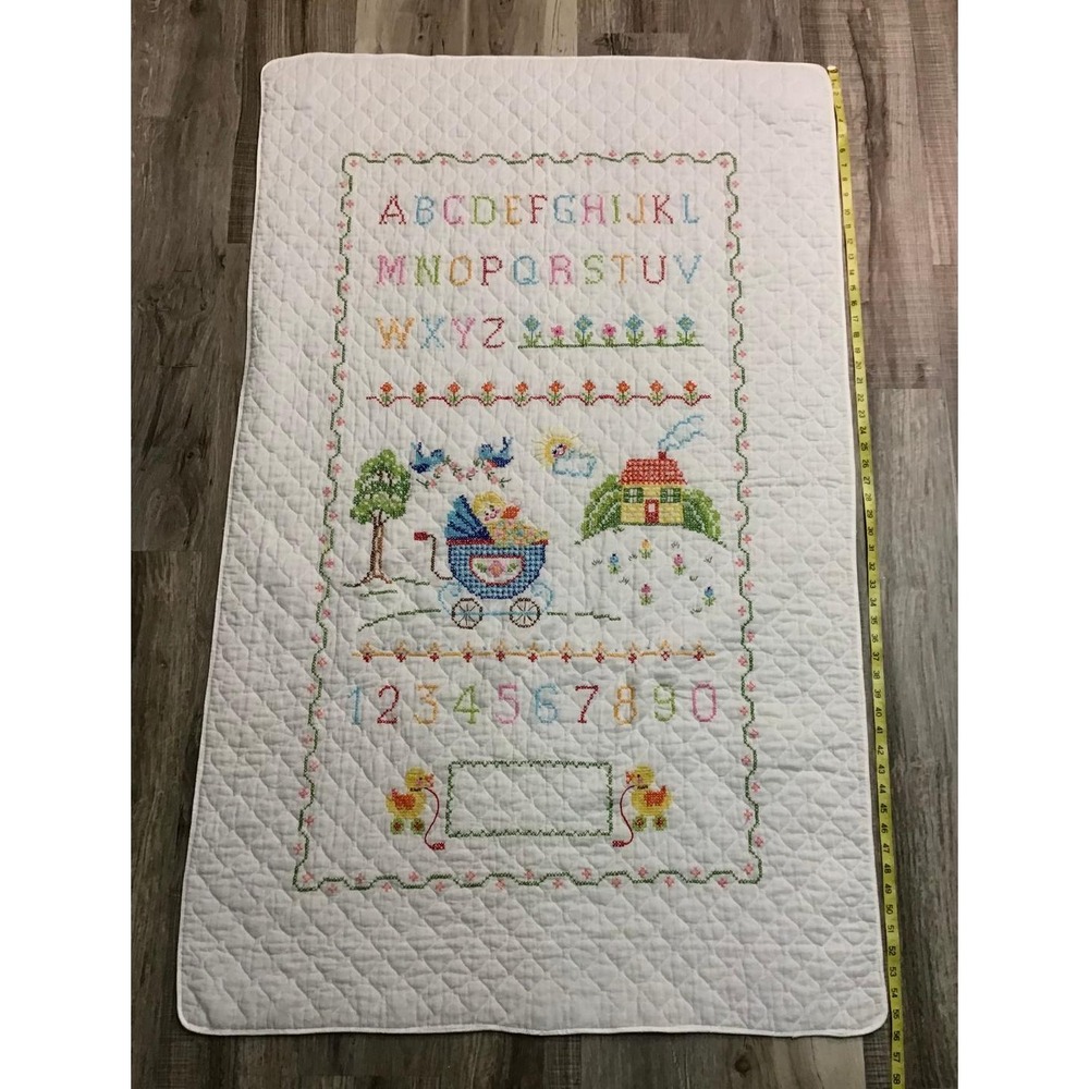 Vintage Hand Cross Stitch Baby Crib Quilt Alphabet ABC Nursery Sampler 34x57 - Picture 4 of 12
